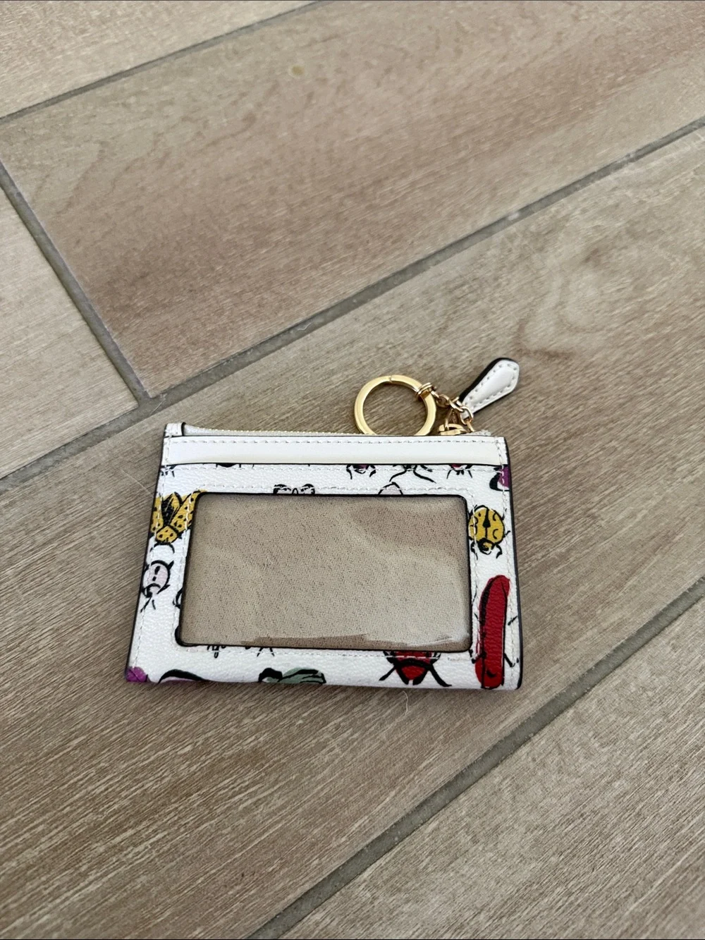 Coach White Leather Butterfly & Bug Print Card Case Keyring CR927